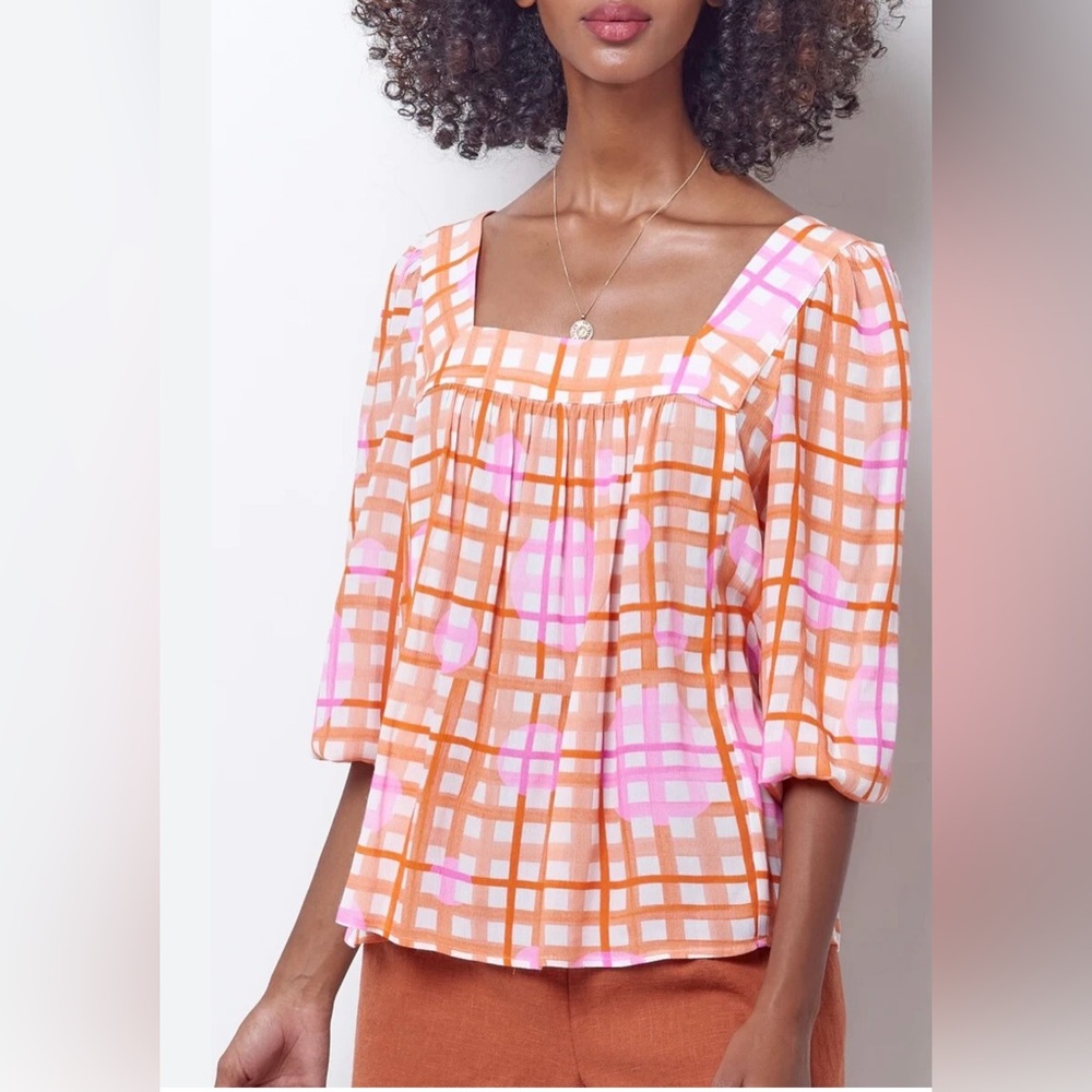 Corey Lynn Calter Pink and Orange Plaid Blouse